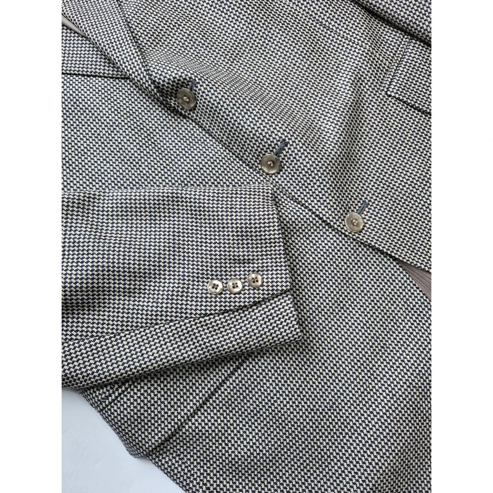 Jeffrey Banks Mens Wool Silk Sport Coat 36L Blue Cream Geometric 3 Button Jacket
